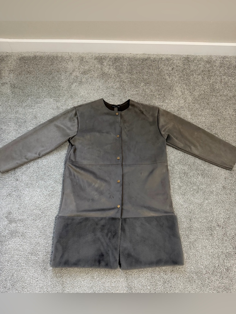 New Zara Grey Suede Faux Fur Trim Long Coat Size Large